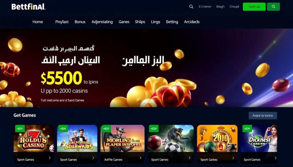 واجهة كازينو Betfinal مع عرض المكافآت والألعاب المتاحة واجهة كازينو Betfinal مع عرض المكافآت والألعاب المتاحة